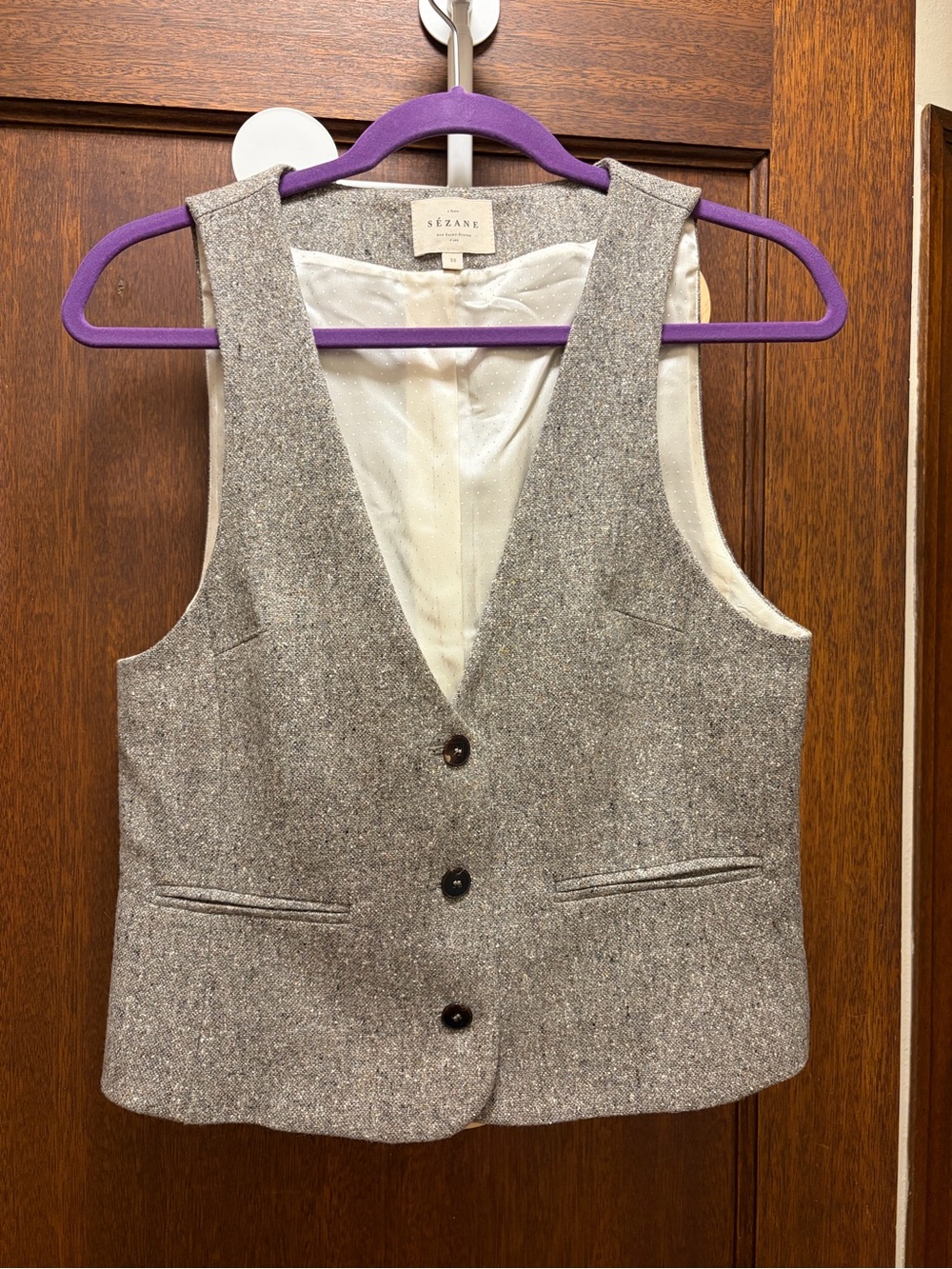Sezane gray tweed vest with cream lining